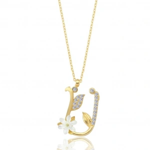 Işıltılı Manolya Çiçeği U Harfi Gümüş Harfli Kolye - Altın