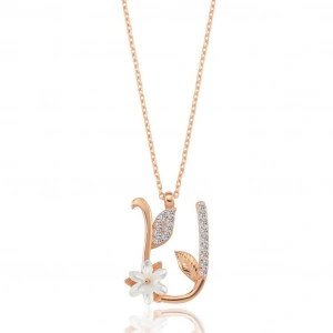 Işıltılı Manolya Çiçeği U Harfi Gümüş Harfli Kolye - Rose