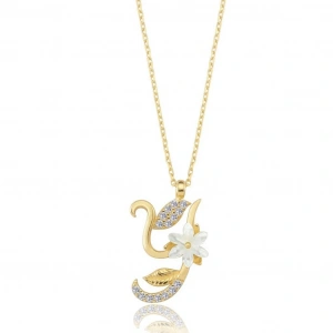 Işıltılı Manolya Çiçeği Y Harfi Gümüş Harfli Kolye - Altın