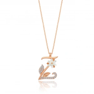 Işıltılı Manolya Çiçeği Z Harfi Gümüş Harfli Kolye - Rose