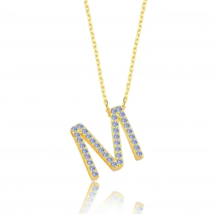 Işıltılı Prizma M Harfi Gümüş Kolye - Altın