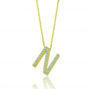 Işıltılı Prizma N Harfi Gümüş Kolye - Altın