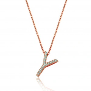 Işıltılı Prizma Y Harfi Gümüş Kolye - Rose