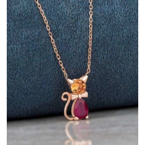Kırmızı Damla Taşlı Trend Gümüş Kedi Kolye - Rose