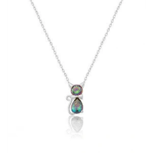 Mistik Topazlı Trend Gümüş Kedi Kolye - Gümüş