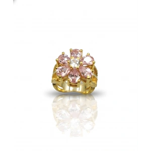 Pembe Taşlı Sevgi Çiçeği Gümüş Yüzük - Altın