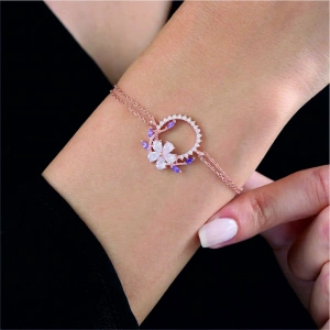 Pırlanta Montür Ametist Tacı Rose Renk Flowers Gümüş Bileklik - Altın