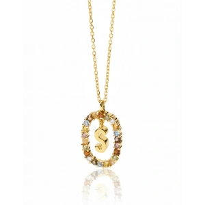 Renkli Taşlı Gümüş Harf Kolye - Altın