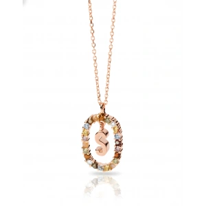 Renkli Taşlı Gümüş Harf Kolye - Rose