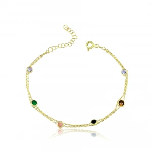 Renkli Tutkular İkili Gümüş Bileklik - Altın