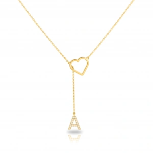 Taşlı Harf Kalp Gümüş Kolye - Altın