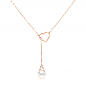 Taşlı Harf Kalp Gümüş Kolye - Rose
