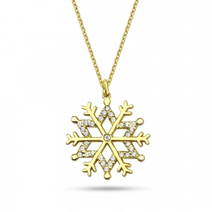 Işıltılı Taşlı Kar Tanesi Gümüş Kolye - Altın