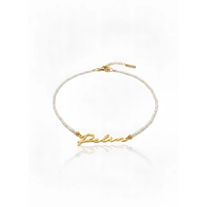 Yeni Trend Yatay İncili İsim Kolye - Altın