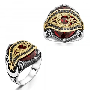 Ay Yıldız Zirkon Taşlı Gümüş Erkek Yüzük Kırmızı