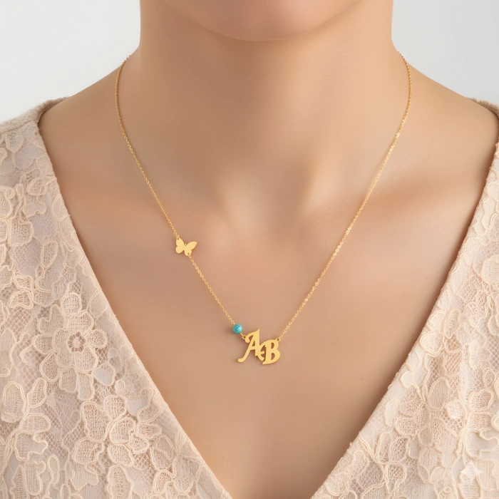 Kelebekli Çapraz Harf Kolye - Altın