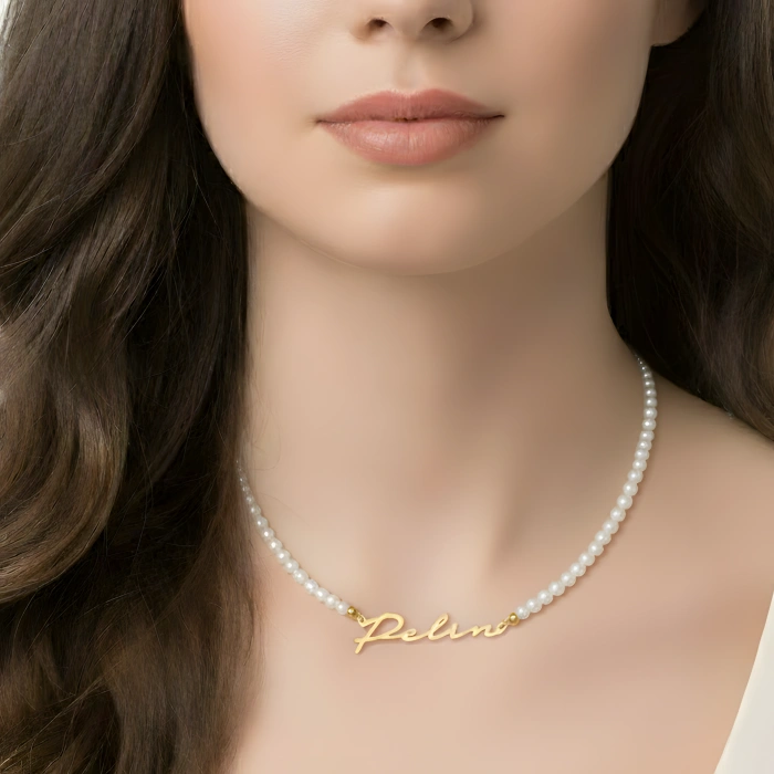 Yeni Trend Yatay İncili İsim Kolye - Rose