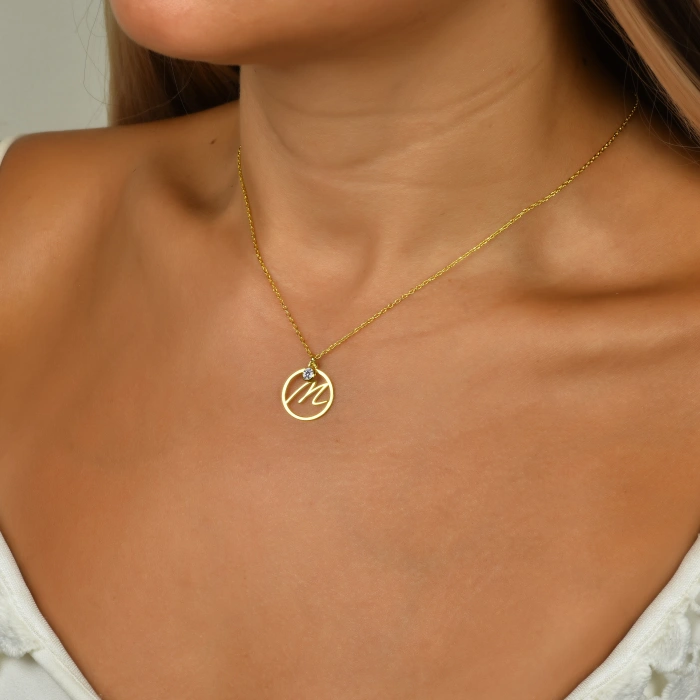 Taşlı Çember Harf Gümüş Kolye