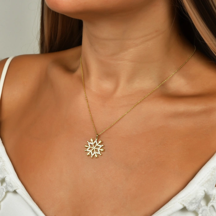 Işıltılı Taşlı Kar Tanesi Gümüş Kolye - Altın