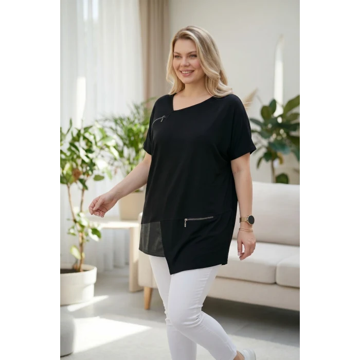 Fermuar Detaylı Asimetrik Bluz