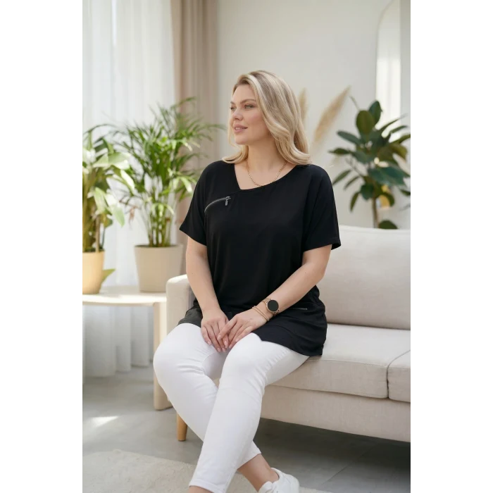 Fermuar Detaylı Asimetrik Bluz
