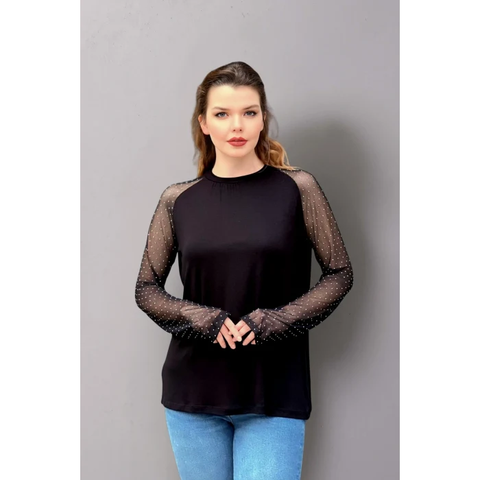 Kolları Tül Taşlı Bluz
