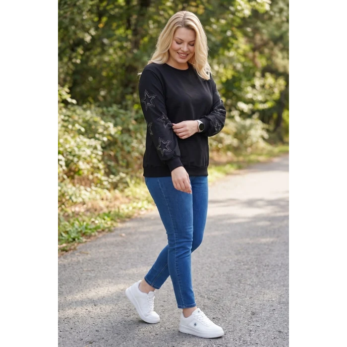Kolları Yıldız Taş Baskılı Sweatshirt