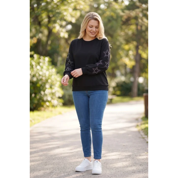 Kolları Yıldız Taş Baskılı Sweatshirt