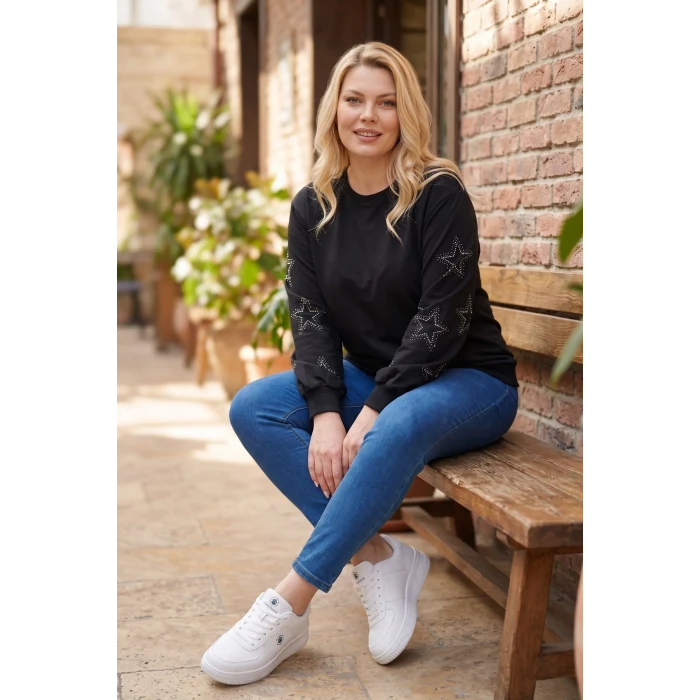 Kolları Yıldız Taş Baskılı Sweatshirt
