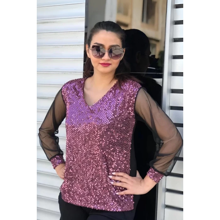 Pullu Kolları Tül Bluz