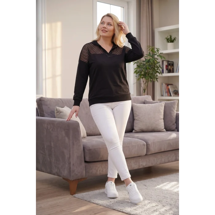 Yakası Taşlı File Detaylı Sweatshirt