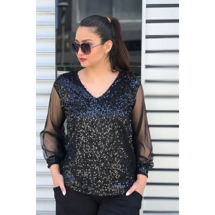 Pullu Kolları Tül Bluz