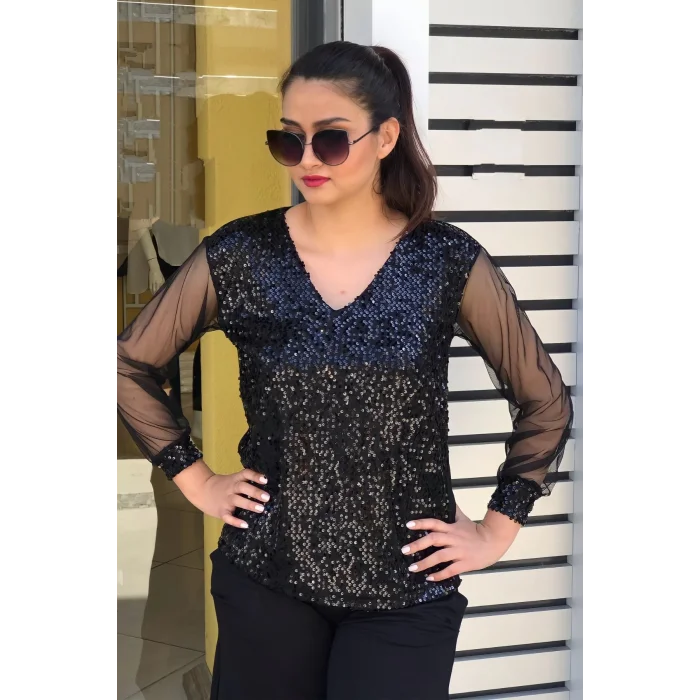 Pullu Kolları Tül Bluz