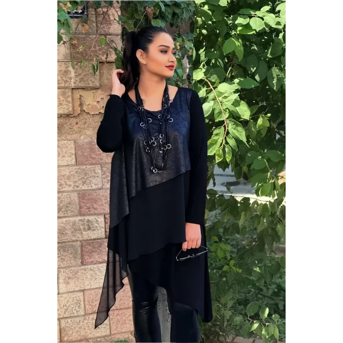 Önü Deri ve Şifon Garnili Asimetrik Tunik