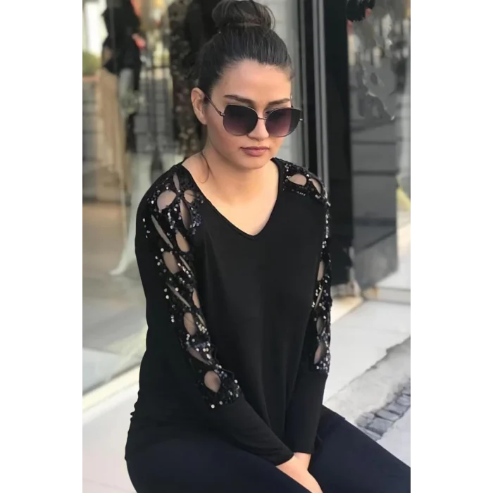 Kolları Lazer Kesim Pullu Bluz