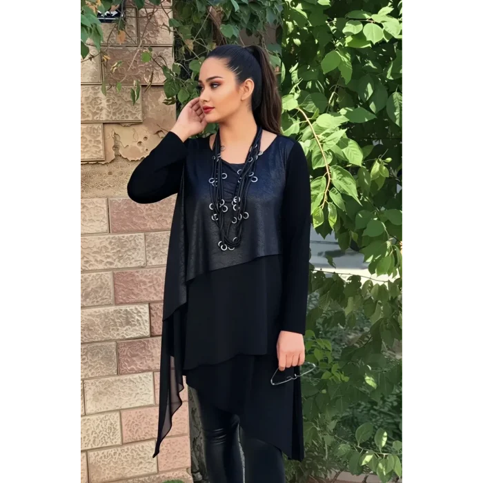 Önü Deri ve Şifon Garnili Asimetrik Tunik