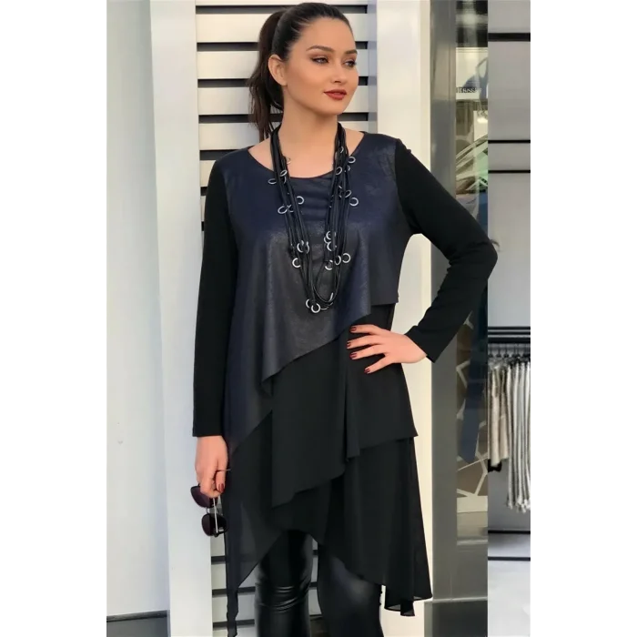 Önü Deri ve Şifon Garnili Asimetrik Tunik