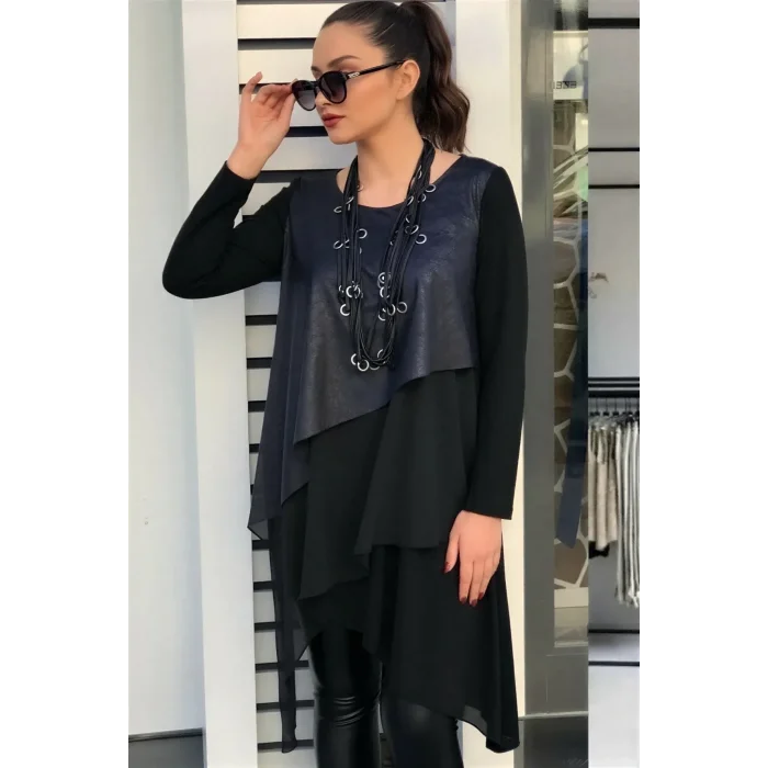 Önü Deri ve Şifon Garnili Asimetrik Tunik