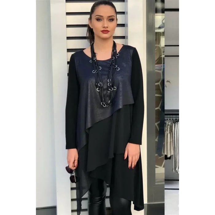 Önü Deri ve Şifon Garnili Asimetrik Tunik