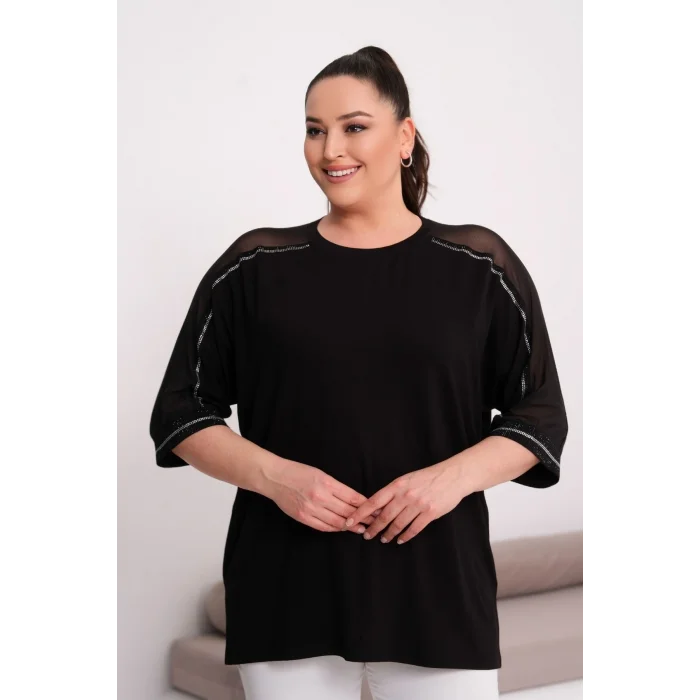 Kolları Şifon Detaylı Taş Baskılı Bluz