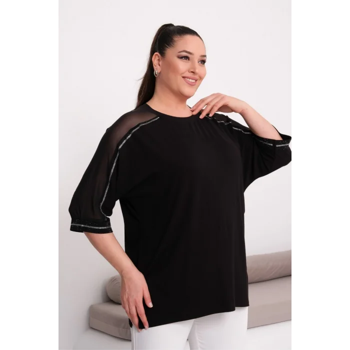 Kolları Şifon Detaylı Taş Baskılı Bluz