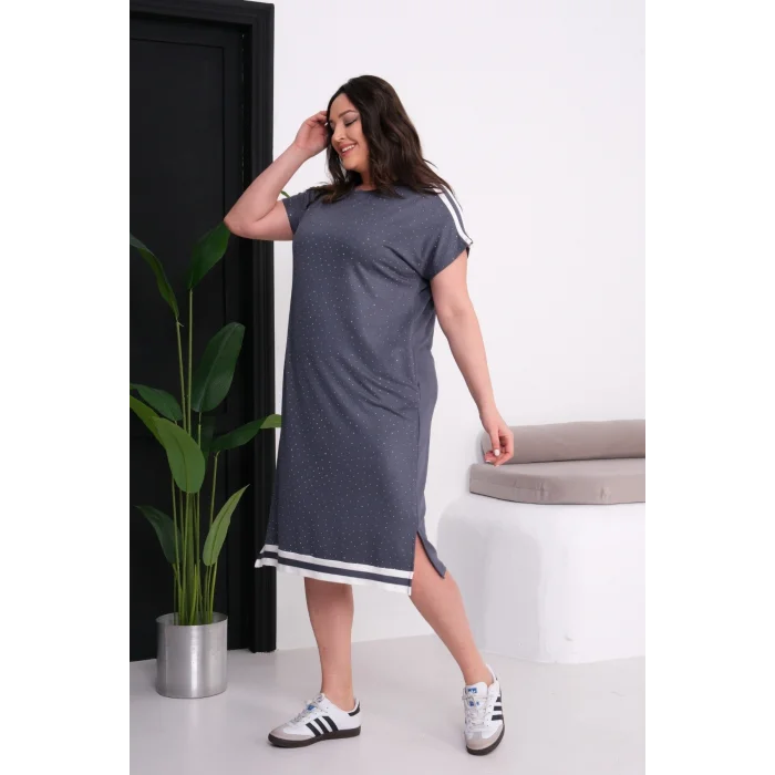 Omuz Ve Eteği Şeritli Taşlı Elbise