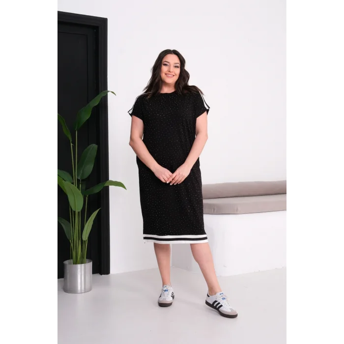 Omuz Ve Eteği Şeritli Taşlı Elbise