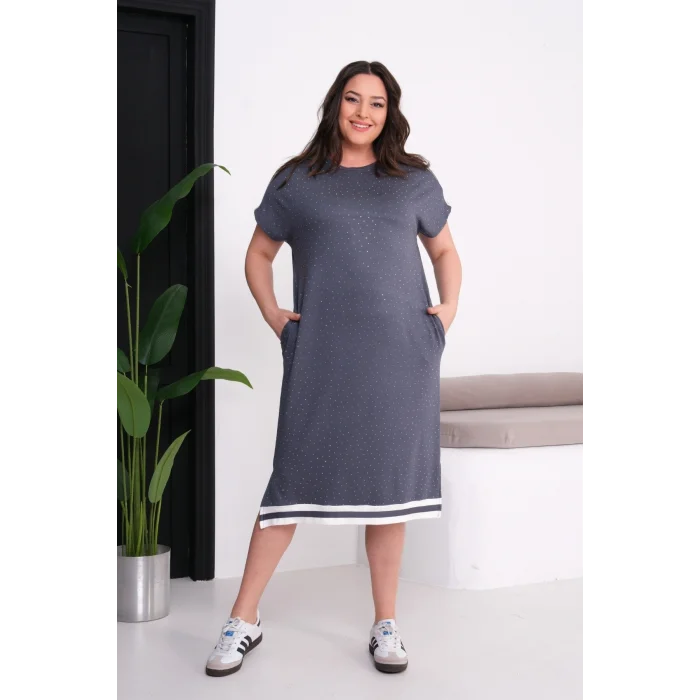 Omuz Ve Eteği Şeritli Taşlı Elbise