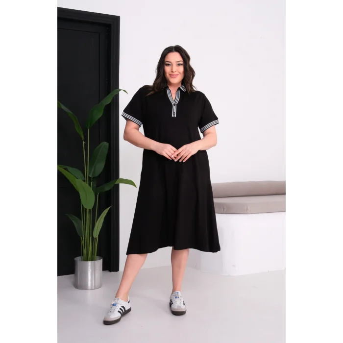 Yaka ve Kolları Çİizgili Elbise