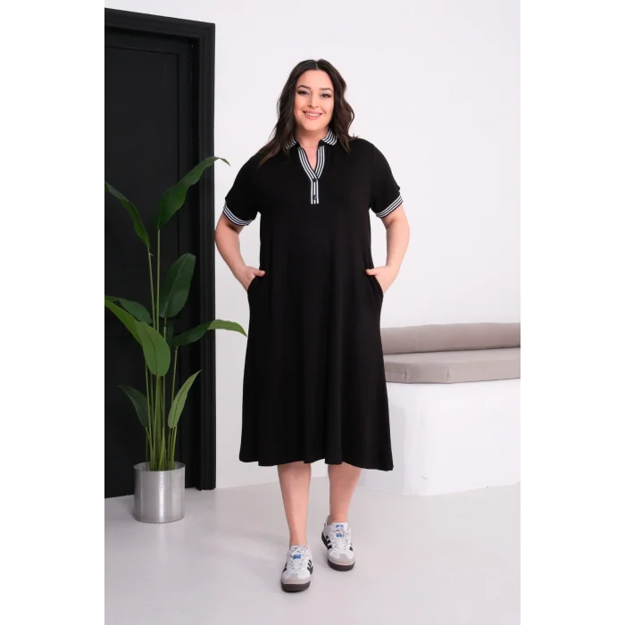 Yaka ve Kolları Çİizgili Elbise