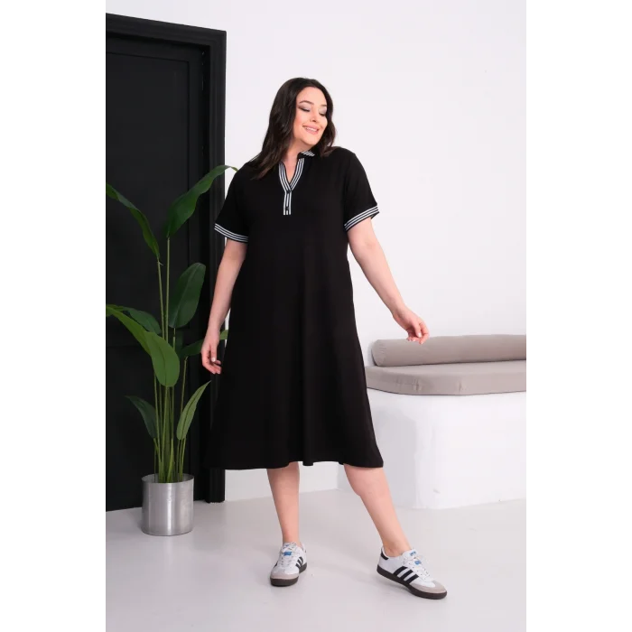 Yaka ve Kolları Çİizgili Elbise