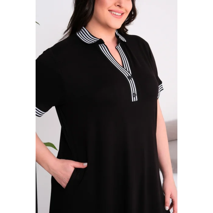 Yaka ve Kolları Çİizgili Elbise