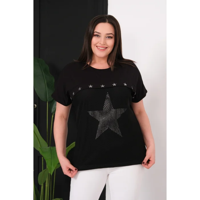 Önü Fileli Yıldız Taş Baskılı Bluz