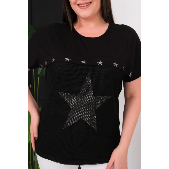 Önü Fileli Yıldız Taş Baskılı Bluz